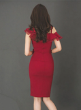 Summer High Waist Tight Sexy Single Side Strap Ruffle Simple Red Elegant Party Dress