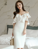 Simple White V-Neck Sexy Sling Strapless Decorative Ruffles Elegant Party Women's Dresses