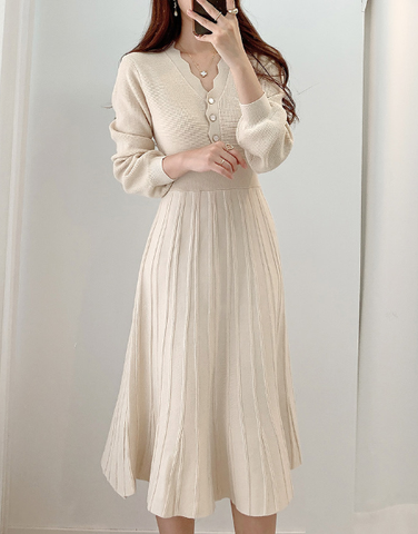 Pleated Dress Long Sleeve Slim Woman Sweater Dresses Knitted Elegant Midi Party Woman Dress