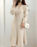 Pleated Dress Long Sleeve Slim Woman Sweater Dresses Knitted Elegant Midi Party Woman Dress