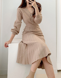 Pleated Dress Long Sleeve Slim Woman Sweater Dresses Knitted Elegant Midi Party Woman Dress