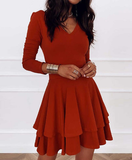 Women Sexy V-neck Long Sleeve Spring Summer Elegant Solid Color Ruffle Party Dress