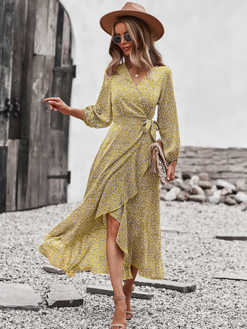 New V Neck Full Sleeve Hight Waist Spring Autumn Long Bandage Print Dress