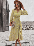 New V Neck Full Sleeve Hight Waist Spring Autumn Long Bandage Print Dress