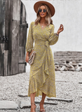 New V Neck Full Sleeve Hight Waist Spring Autumn Long Bandage Print Dress