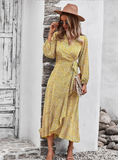 New V Neck Full Sleeve Hight Waist Spring Autumn Long Bandage Print Dress