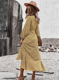 New V Neck Full Sleeve Hight Waist Spring Autumn Long Bandage Print Dress