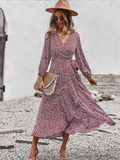 New V Neck Full Sleeve Hight Waist Spring Autumn Long Bandage Print Dress