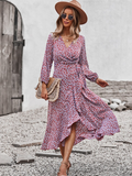 New V Neck Full Sleeve Hight Waist Spring Autumn Long Bandage Print Dress