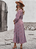 New V Neck Full Sleeve Hight Waist Spring Autumn Long Bandage Print Dress