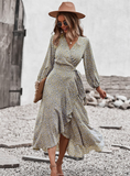 New V Neck Full Sleeve Hight Waist Spring Autumn Long Bandage Print Dress