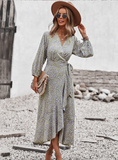 New V Neck Full Sleeve Hight Waist Spring Autumn Long Bandage Print Dress