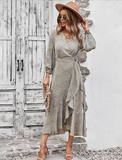New V Neck Full Sleeve Hight Waist Spring Autumn Long Bandage Print Dress
