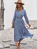 New V Neck Full Sleeve Hight Waist Spring Autumn Long Bandage Print Dress