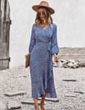 New V Neck Full Sleeve Hight Waist Spring Autumn Long Bandage Print Dress