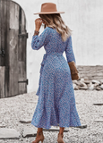 New V Neck Full Sleeve Hight Waist Spring Autumn Long Bandage Print Dress