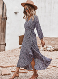 New V Neck Full Sleeve Hight Waist Spring Autumn Long Bandage Print Dress