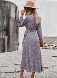 New V Neck Full Sleeve Hight Waist Spring Autumn Long Bandage Print Dress
