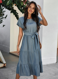 Summer Women Short Sleeve Long Dress Casual Bandage Beach Party Big Hem Dresses