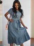 Summer Women Short Sleeve Long Dress Casual Bandage Beach Party Big Hem Dresses