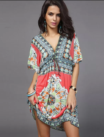 Boho Style Summer Women Dress Sexy Sundresses Deep V Ethnic Floral Print Tunic Beach Dresses