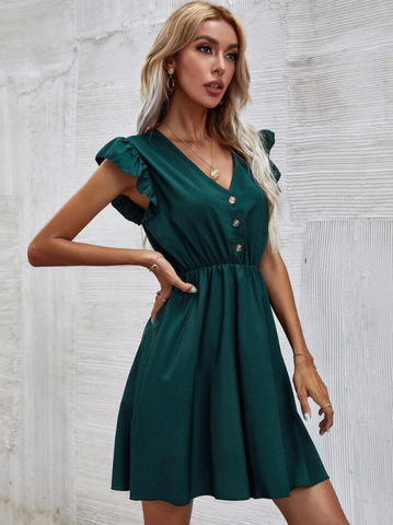 A-Line Sundress Ruched Boho Buttons Pleated Pockets Sleeveless Green Dress