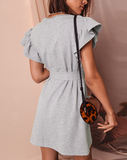 Pencil Dress Patchwork Design Belt Decor O-Neck Butterfly Short Sleeve Casual Loose Mini Dress