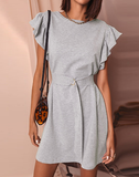 Pencil Dress Patchwork Design Belt Decor O-Neck Butterfly Short Sleeve Casual Loose Mini Dress