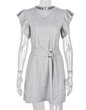 Pencil Dress Patchwork Design Belt Decor O-Neck Butterfly Short Sleeve Casual Loose Mini Dress