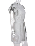 Pencil Dress Patchwork Design Belt Decor O-Neck Butterfly Short Sleeve Casual Loose Mini Dress