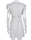 Pencil Dress Patchwork Design Belt Decor O-Neck Butterfly Short Sleeve Casual Loose Mini Dress