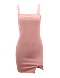 Side Slits Solid Straight Collar Wide Straps Bodycon Slim Camisole Dress