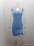 Side Slits Solid Straight Collar Wide Straps Bodycon Slim Camisole Dress