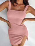 Side Slits Solid Straight Collar Wide Straps Bodycon Slim Camisole Dress