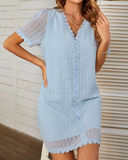 New Summer Casual Short Sleeve V Neck Dot Double Layer Chiffon Lace A-Line Dress