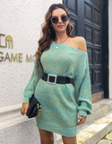Women's Long Sleeve Fashionable Solid Button Knitted Dress Medium Length Wool Dress