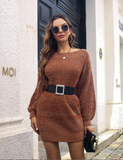 Women's Long Sleeve Fashionable Solid Button Knitted Dress Medium Length Wool Dress