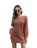 Women's Long Sleeve Fashionable Solid Button Knitted Dress Medium Length Wool Dress