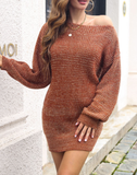 Women's Long Sleeve Fashionable Solid Button Knitted Dress Medium Length Wool Dress