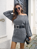 Women's Long Sleeve Fashionable Solid Button Knitted Dress Medium Length Wool Dress