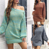 Women's Long Sleeve Fashionable Solid Button Knitted Dress Medium Length Wool Dress