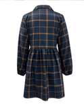 Ladies Navy V Neck Plaid Prints Buttons Casual Sweet Dress
