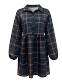 Ladies Navy V Neck Plaid Prints Buttons Casual Sweet Dress