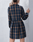 Ladies Navy V Neck Plaid Prints Buttons Casual Sweet Dress