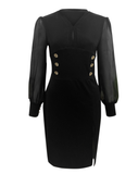 Women Shiny Mesh Stitching Glamorous Hollow Black Mini Dress Long Sleeve Slits Slim Dress