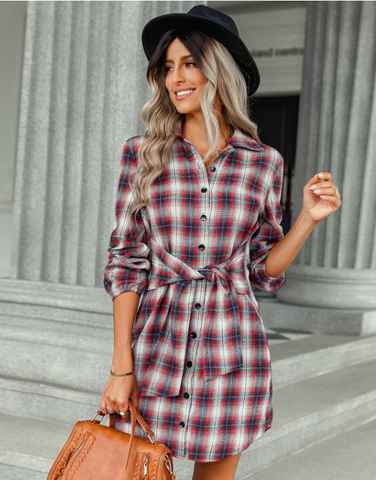 Elegant Turn-down Collar Plaid Autumn Bandage Waist Slim England Shirt Dress