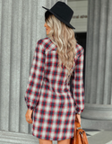 Elegant Turn-down Collar Plaid Autumn Bandage Waist Slim England Shirt Dress