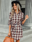 Elegant Turn-down Collar Plaid Autumn Bandage Waist Slim England Shirt Dress