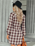 Elegant Turn-down Collar Plaid Autumn Bandage Waist Slim England Shirt Dress