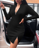 New Elegant Women Sexy V Neck Split Full Sleeve Solid Color Mini Dress